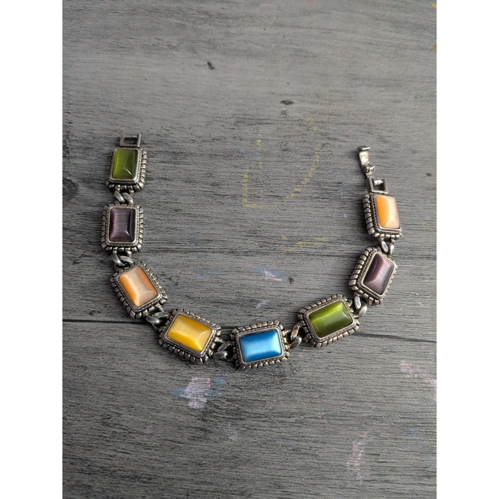 Vintage Multi Color Cats Eye Link Bracelet Silver Tone Rainbow Cabochon Jewelry